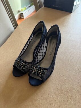 Karen Scott Navy Peep-Toe Heels with Beaded Floral Accent
